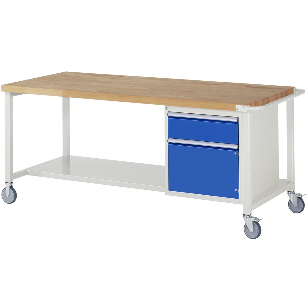 RAU mobile Werkbank Serie 8000, HxBxT 880 x 2.000 x 900 mm, 1 Container, 1 Ablageboden, 1 Flügeltür, 1 x 100%-Auszug-Schublade, ErgoScript