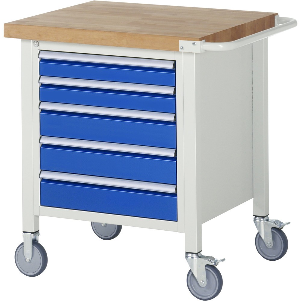 RAU mobile Werkbank Serie 8000, HxBxT 880 x 750 x 700 mm, 1 Container, 5 x 90%-Auszug-Schubladen, Breite 490 mm
