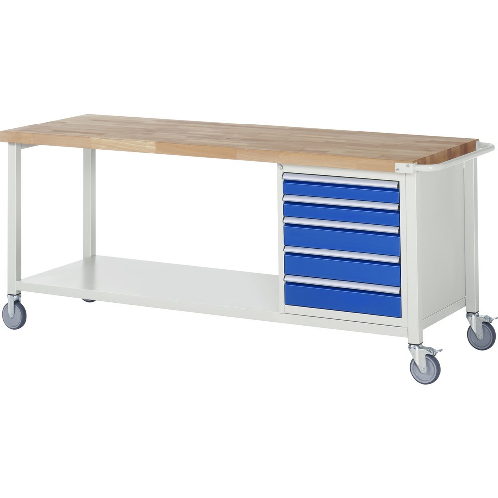 RAU mobile Werkbank Serie 8000, 1 Container, HxBxT 880-1.080 x 2.000 x 700 mm, 5 x 90%-Auszug-Schubladen, Breite 490 mm