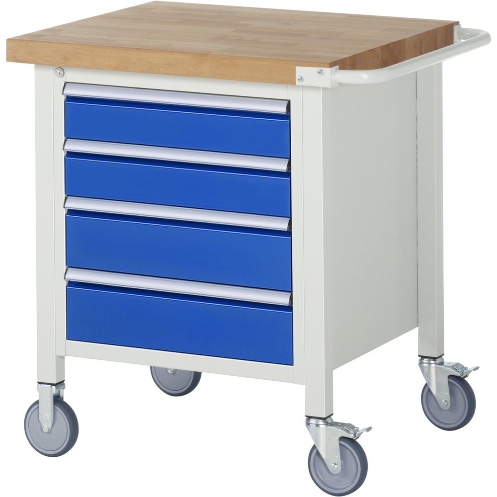 RAU mobile Werkbank Serie 8000, 1 Container, HxBxT 880-1.080 x 750 x 700 mm, 4 x 100%-Auszug-Schubladen, Breite 490 mm