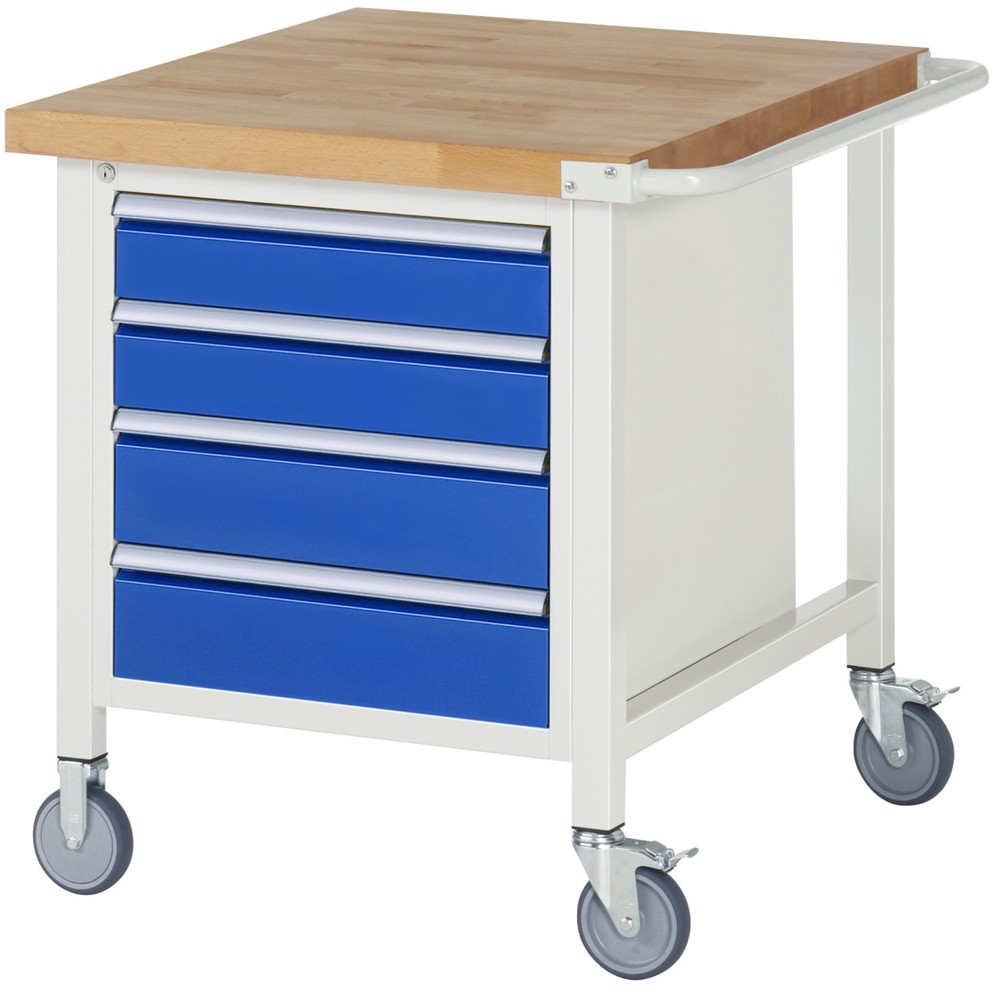 RAU mobile Werkbank Serie 8000, 1 Container, HxBxT 880-1.080 x 750 x 900 mm, 4 x 90%-Auszug-Schubladen, Breite 490 mm