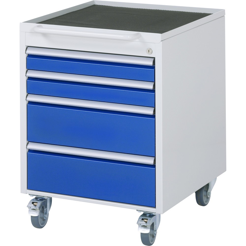 RAU Werkstattwagen Serie 7000, HxBxT 745 x 580 x 650 mm, Schiebebügel frontal, 4 Schubladen 2 x 90, 2 x 180 mm, Arbeitsplatte Metall