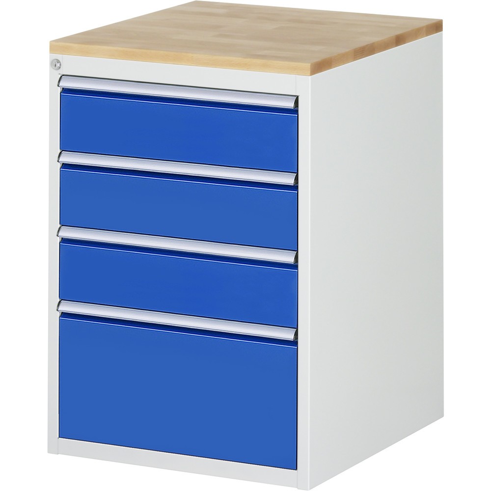 RAU Schubladenschrank Serie 7000, HxBxT 825 x 580 x 650 mm, 4 x 90%-Auszug-Schubladen 3 x 150, 1 x 270 mm, Arbeitsplatte Buche
