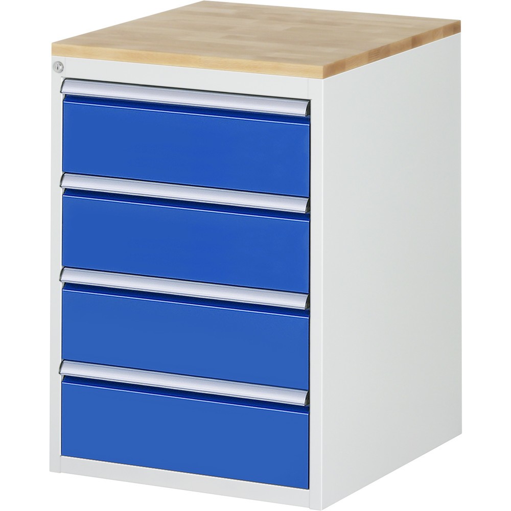 RAU Schubladenschrank Serie 7000, HxBxT 825 x 580 x 650 mm, 4 x 90%-Auszug-Schubladen 4 x 180 mm, Arbeitsplatte Buche