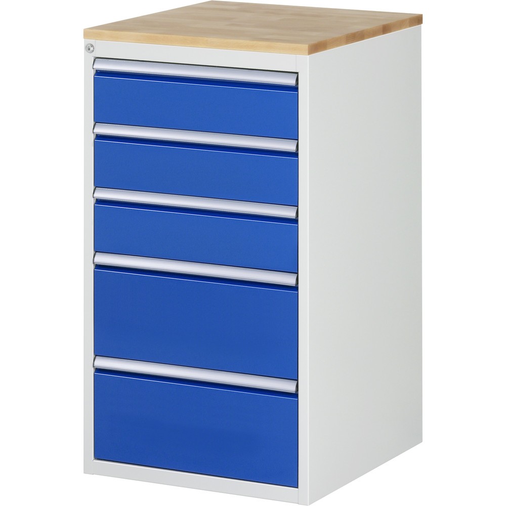 RAU Schubladenschrank Serie 7000, HxBxT 1.035 x 580 x 650 mm, 5 x 100%-Auszug-Schubladen 3 x 150, 2 x 240 mm, Arbeitsplatte Buche