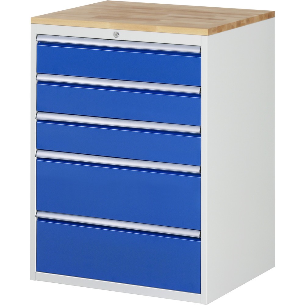 RAU Schubladenschrank Serie 7000, HxBxT 1.035 x 770 x 650 mm, 5 x 100%-Auszug-Schubladen 3 x 150, 2 x 240 mm, Arbeitsplatte Buche