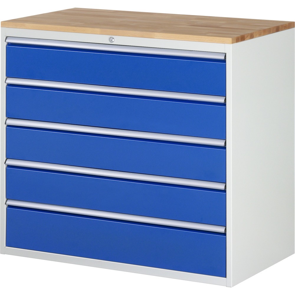 RAU Schubladenschrank Serie 7000, HxBxT 1.035 x 1.145 x 650 mm, 5 x 100%-Auszug-Schubladen 4 x 180, 1 x 210 mm, Arbeitsplatte Buche