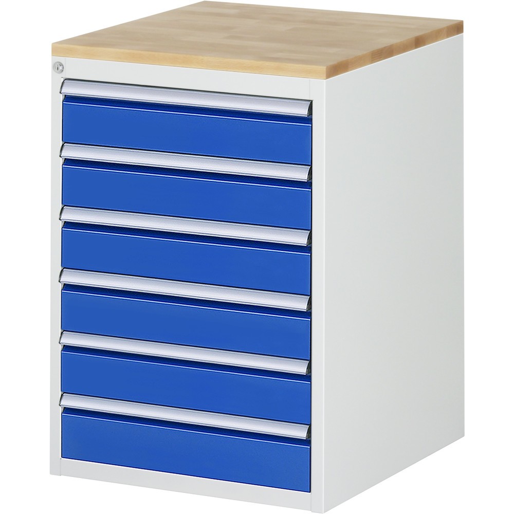 RAU Schubladenschrank Serie 7000, HxBxT 825 x 580 x 650 mm, 6 x 100%-Auszug-Schubladen 6 x 120 mm, Arbeitsplatte Buche