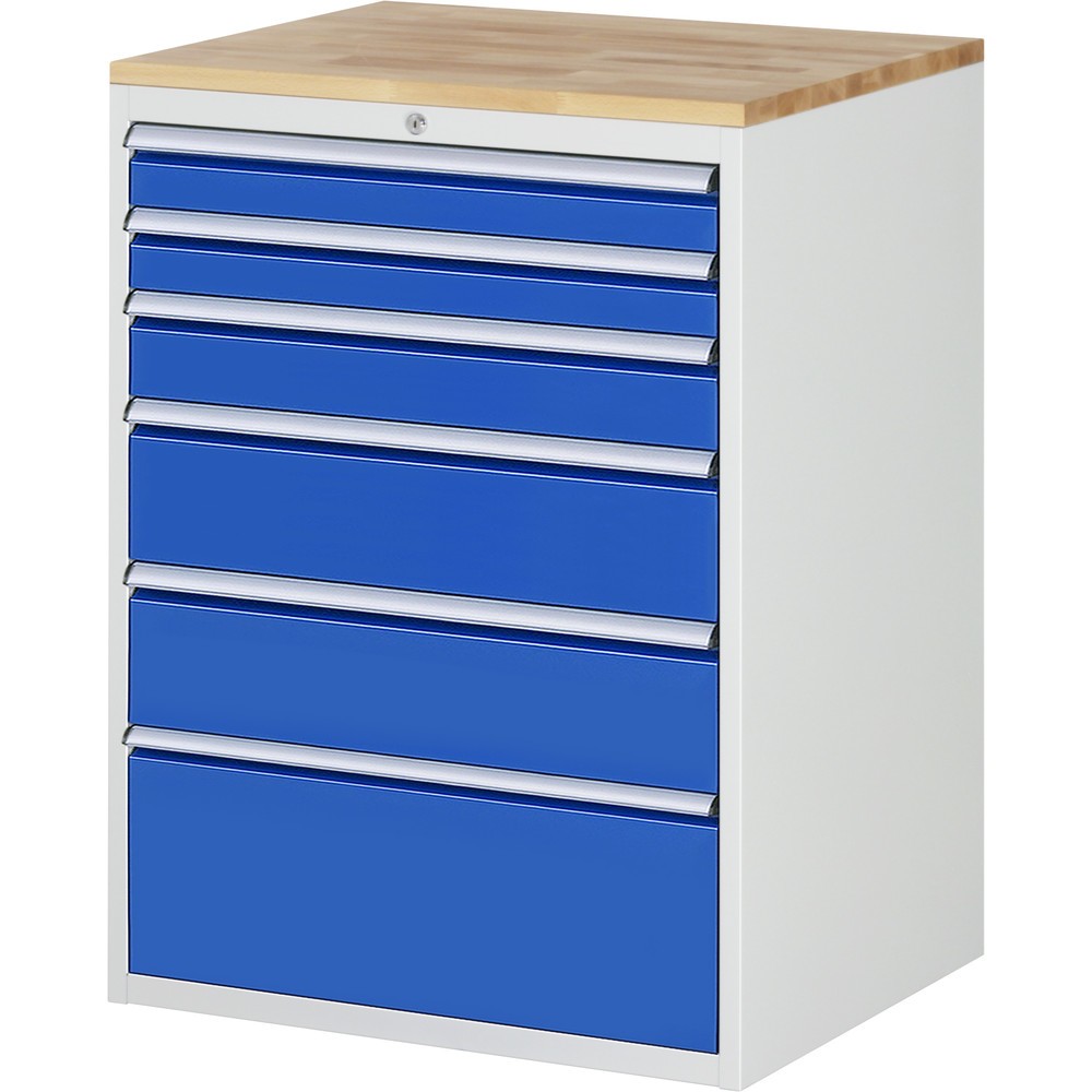 RAU Schubladenschrank Serie 7000, HxBxT 1.035 x 770 x 650 mm, 6 x 100%-Auszug-Schubladen 2 x 90, 1 x 120, 2 x 180, 1 x 270 mm, Arbeitsplatte Buche