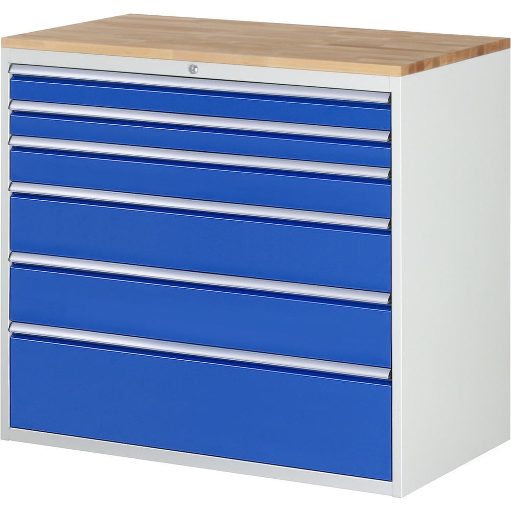 RAU Schubladenschrank Serie 7000, HxBxT 1.035 x 1.145 x 650 mm, 6 x 100%-Auszug-Schubladen 2 x 90, 1 x 120, 2 x 180, 1 x 270 mm, Arbeitsplatte Buche