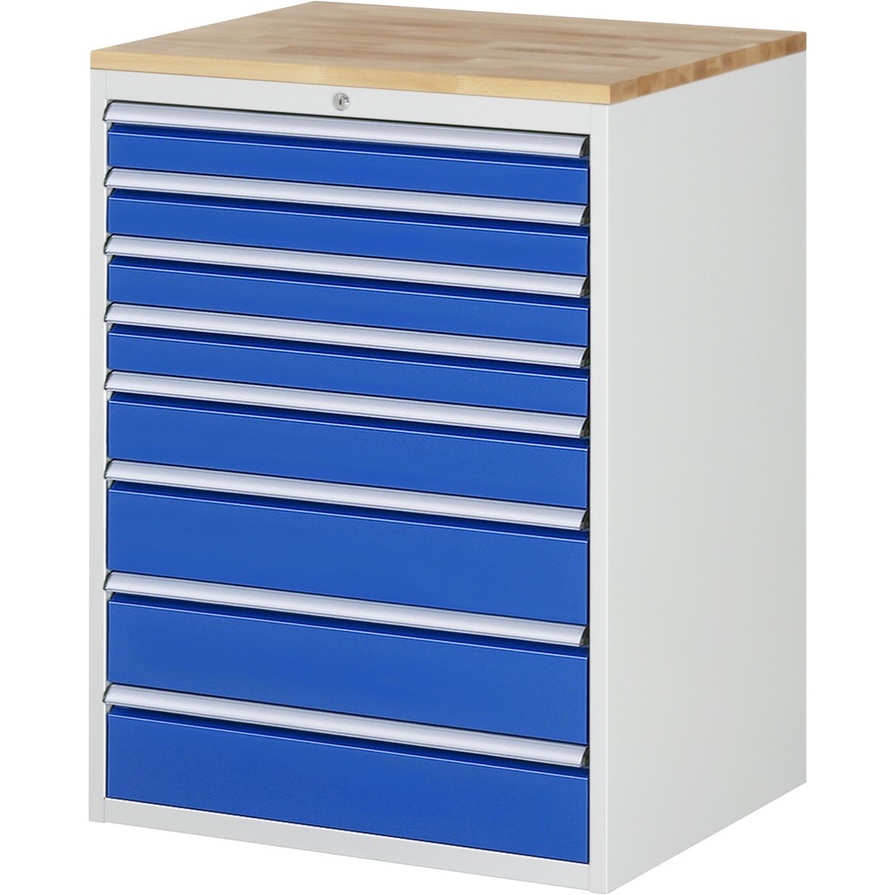 RAU Schubladenschrank Serie 7000, HxBxT 1.035 x 770 x 650 mm, 8 x 100%-Auszug-Schubladen 4 x 90, 1 x 120, 3 x 150 mm, Arbeitsplatte Buche