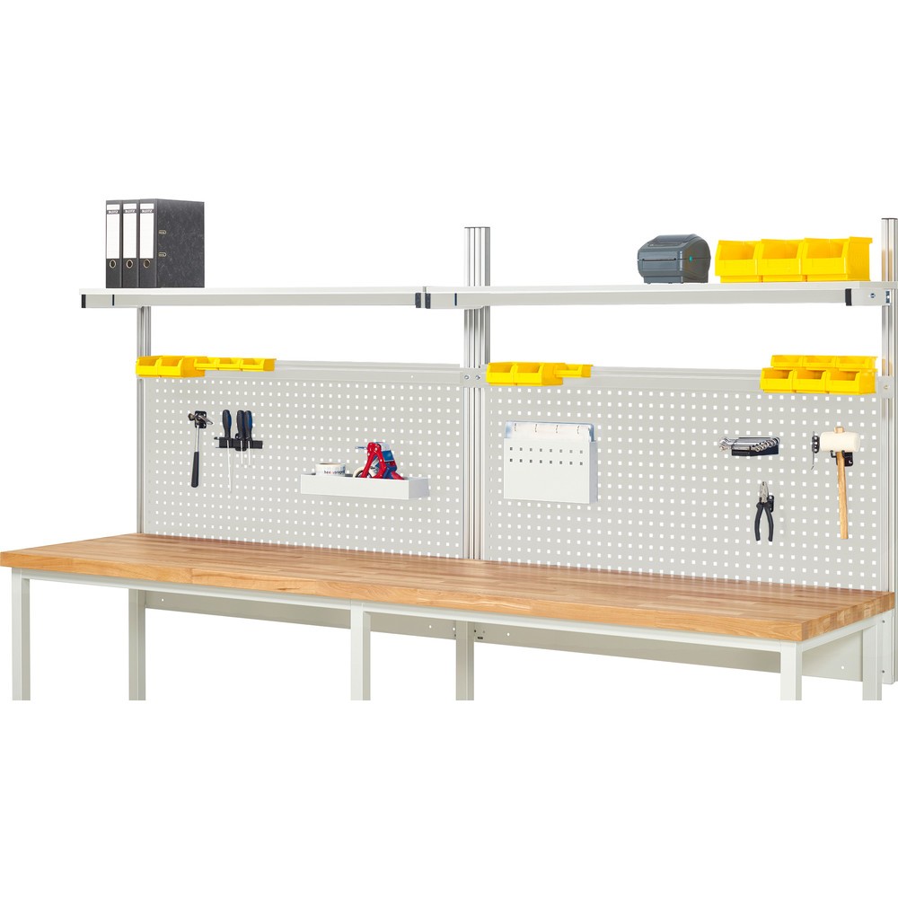RAU Werkbank-Aufbau, HxBxT 1.130 x 3.000 x 350 mm, mit 2 Etagenboards melaminharzbeschichtete Platte und 2 Halteschienen, Komplettset 01 für Produktbreite 3.000 mm