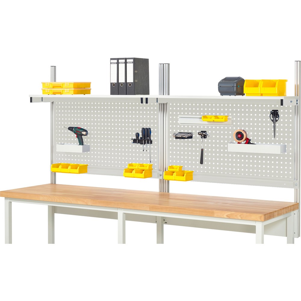 RAU Werkbank-Aufbau, HxBxT 1.130 x 2.500 x 350 mm, mit 2 Etagenboards melaminharzbeschichtete Platte und 2 Halteschienen, Komplettset 01 für Produktbreite 2.500 mm