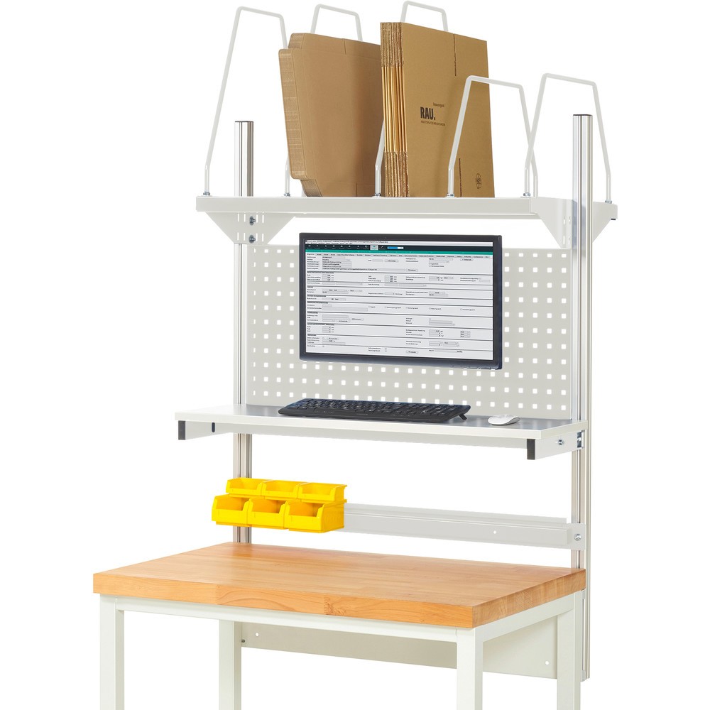RAU Werkbank-Aufbau, HxBxT 1.130 x 1.000 x 350 mm, mit 1 Etagenboard, 1 Halteschiene und 1 Flachbildschirmhalter, Komplettset 03 für Produktbreite 1.000 mm
