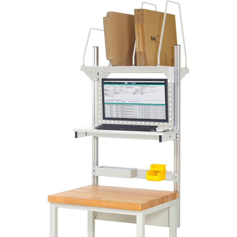RAU Werkbank-Aufbau, HxBxT 1.130 x 750 x 350 mm, mit 1 Etagenboard, 1 Halteschiene und 1 Flachbildschirmhalter, Komplettset 03 für Produktbreite 750 mm