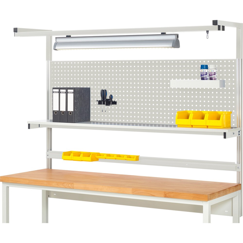 RAU Werkbank-Aufbau, HxBxT 1.380 x 2.000 x 350 mm, mit 1 Etagenboard, 1 Halteschiene, 1 Auslegerpaar und 1 Leuchte, Komplettset 04 für Produktbreite 2.000 mm