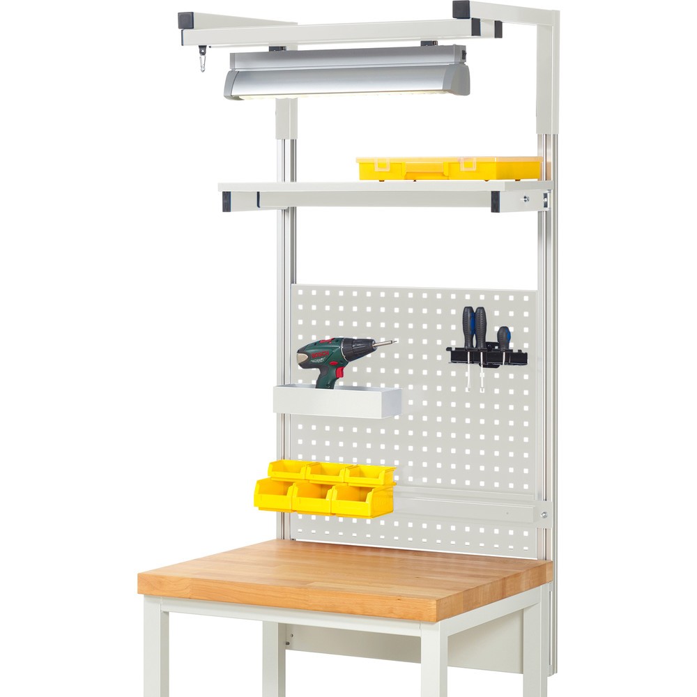 RAU Werkbank-Aufbau, HxBxT 1.380 x 750 x 350 mm, mit 1 Etagenboard, 1 Halteschiene, 1 Auslegerpaar und 1 Leuchte, Komplettset 04 für Produktbreite 750 mm
