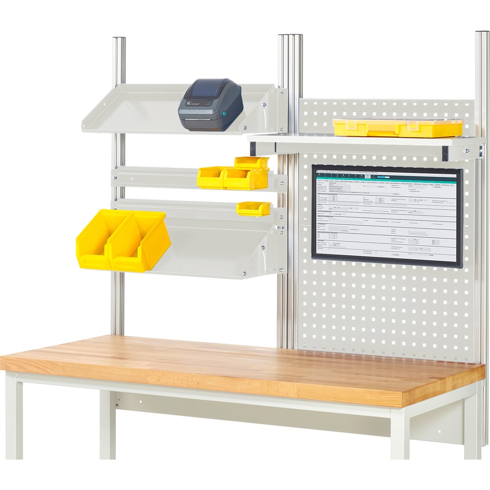RAU Werkbank-Aufbau, HxBxT 1.130 x 1.500 x 350 mm, mit 1 Etagenboard, 2 Halteschienen, 2 neigbare Metallablagen und 1 Flachbildschirmhalter, Komplettset 05 für Produktbreite 1.500 mm