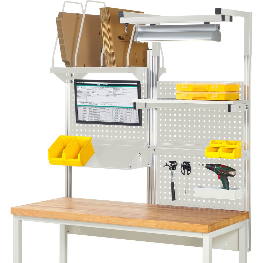 RAU Werkbank-Aufbau, HxBxT 1.380 x 1.500 x 1.500 mm, mit 1 Etagenboard, 1 Halteschiene, 1 neigbare Metallablage, 1 Flachbildschirmhalter und 1 Leuchte, Komplettset 06 für Produktbreite 1.500 mm