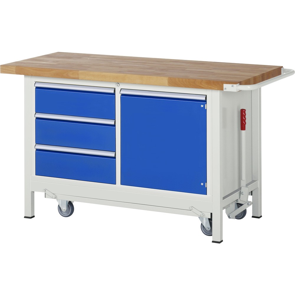 RAU Werkbank Serie 8000 mit absenkbarem Fahrgestell, 1 Doppel-Container, HxBxT 880 x 1.250 x 700 mm, 1 Flügeltür, 3 x 90%-Auszug-Schubladen, ErgoScript