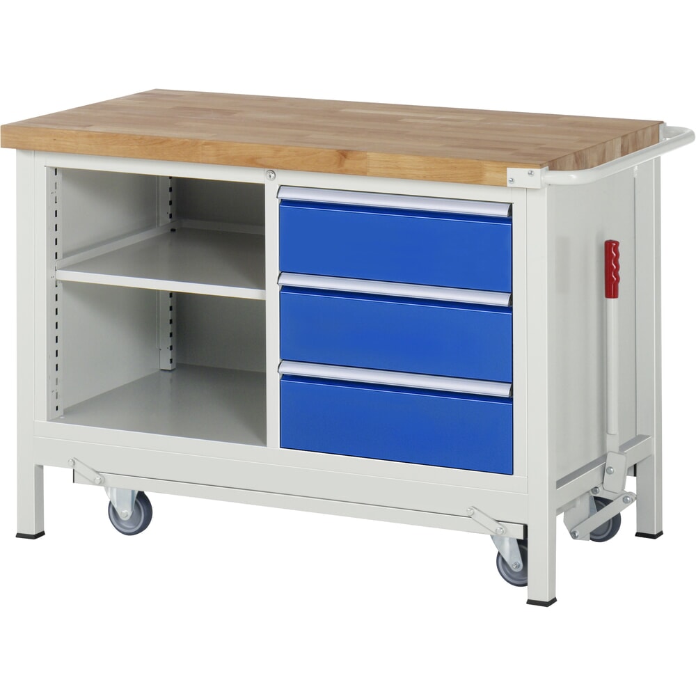 RAU Werkbank Serie 8000 mit absenkbarem Fahrgestell, 1 Doppel-Container, HxBxT 880 x 1.250 x 700 mm, 1 Fachboden, 3 x 90%-Auszug-Schubladen, ErgoScript