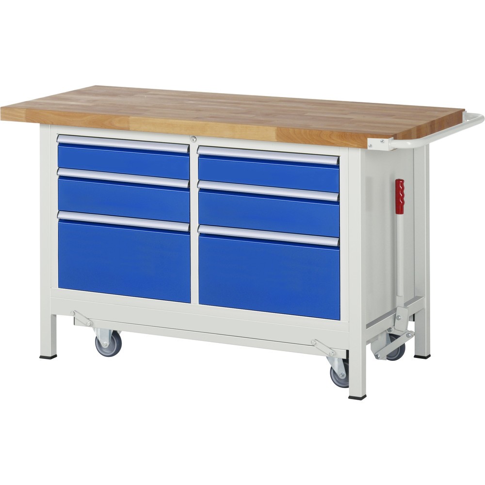 RAU Werkbank Serie 8000 mit absenkbarem Fahrgestell, 1 Doppel-Container, HxBxT 880 x 1.500 x 700 mm, 6 x 90%-Auszug-Schubladen 2 x 120 mm, 2 x 150 mm, 2 x 270 mm