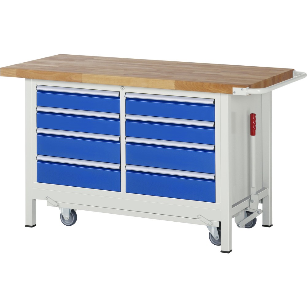 RAU Werkbank Serie 8000 mit absenkbarem Fahrgestell, 1 Doppel-Container, HxBxT 880 x 1.500 x 700 mm, 8 x 100%-Auszug-Schubladen 4 x 120 mm, 4 x 150 mm