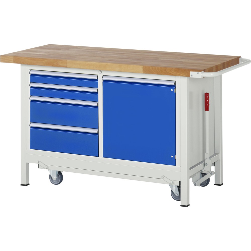 RAU Werkbank Serie 8000 mit absenkbarem Fahrgestell, 1 Doppel-Container, HxBxT 880 x 1.500 x 700 mm, 4 x 90%-Auszug-Schubladen, 1 Flügeltür, 1 Fachboden