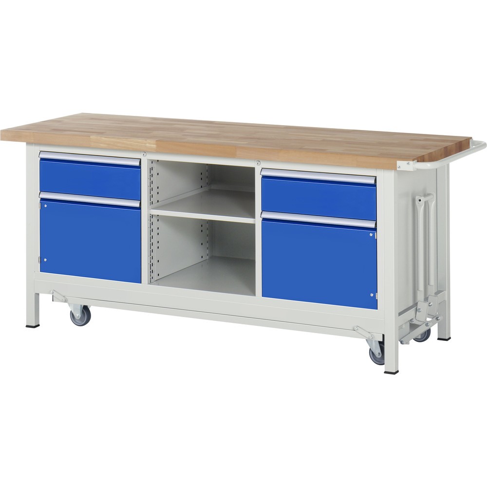 RAU Werkbank Serie 8000 mit absenkbarem Fahrgestell, 1 Dreifach-Container, HxBxT 880 x 2.000 x 700 mm, 2 x 90%-Auszug-Schubladen 2 x 180 mm, 1 Fachboden, 2 Flügeltüren, ErgoScript