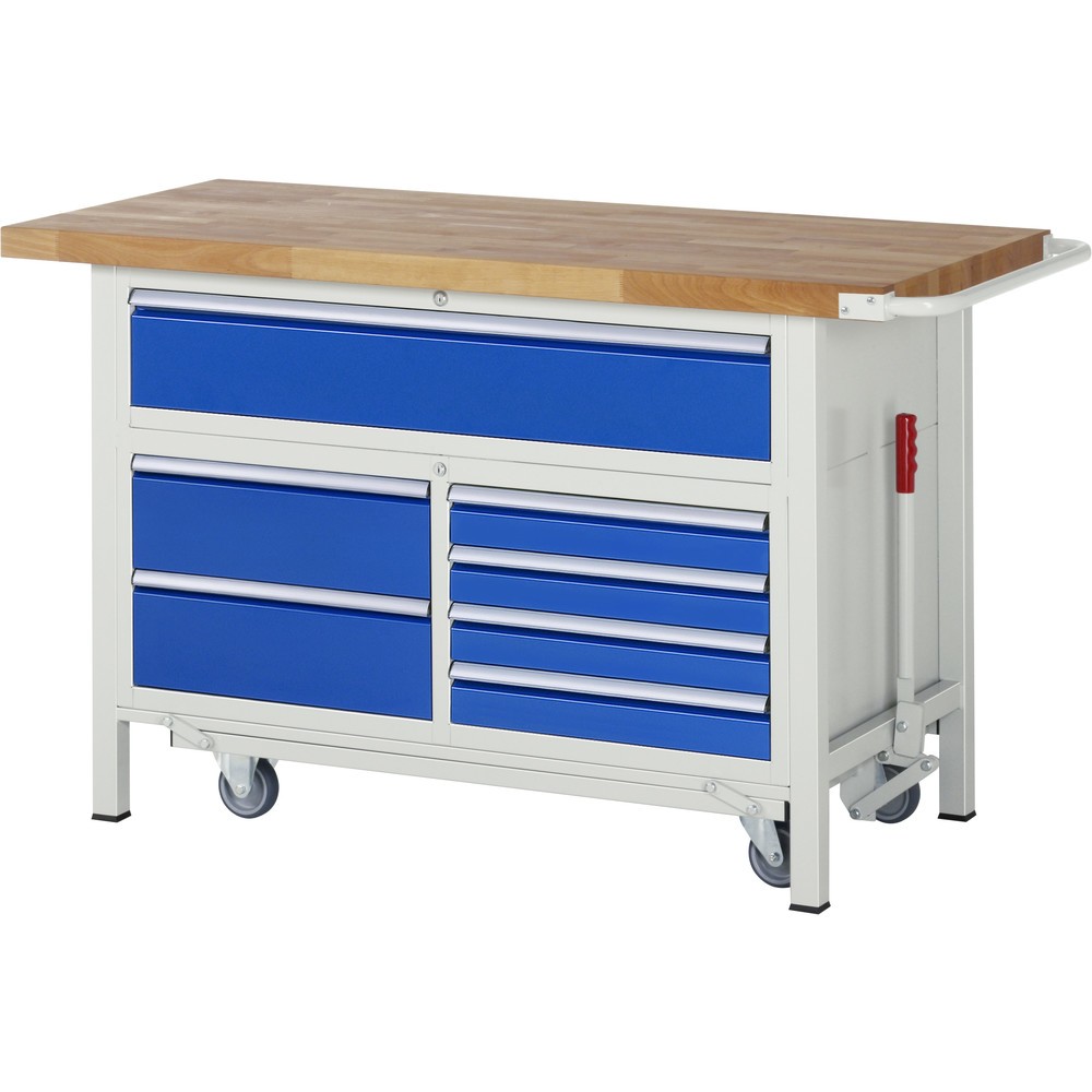 RAU Werkbank Serie 8000 mit absenkbarem Fahrgestell, 1 Dreifach-Container, HxBxT 920 x 1.500 x 700 mm, 7 x 90%-Auszug-Schubladen