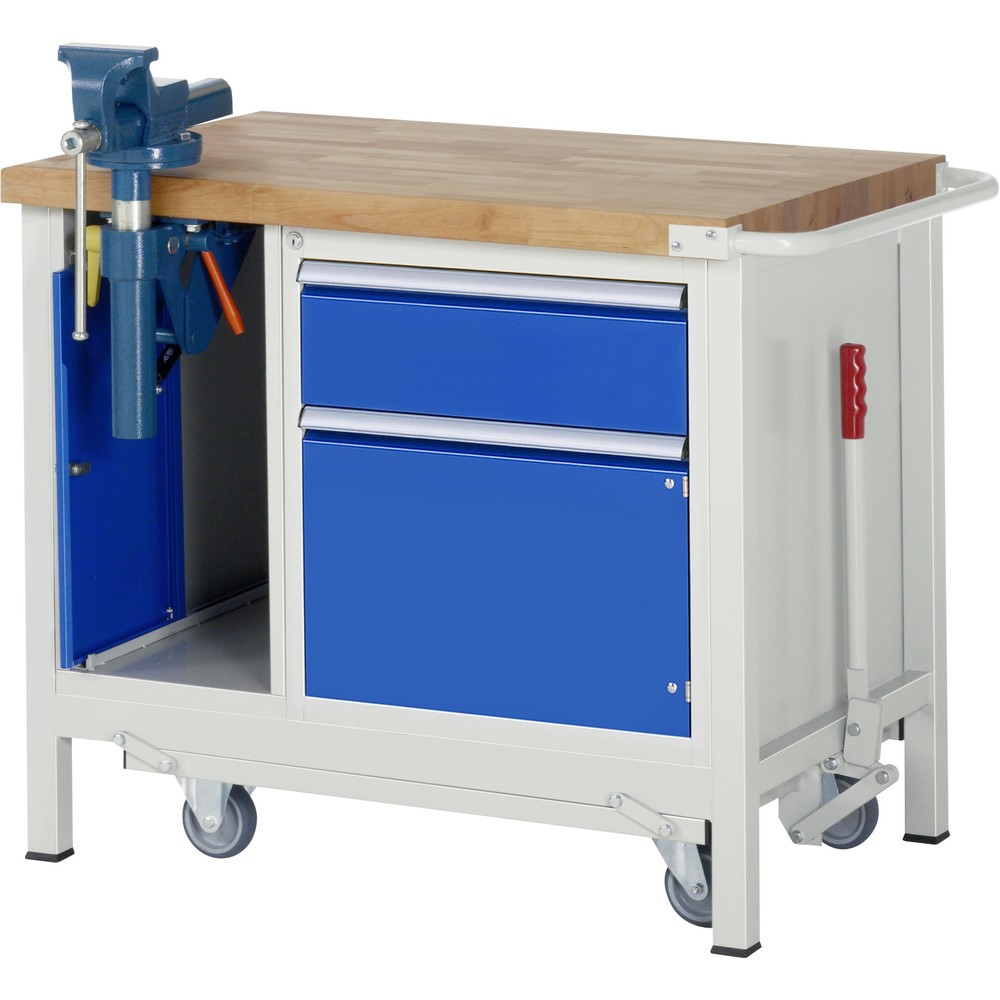 RAU Werkbank Serie 8000 mit absenkbarem Fahrgestell, 2 Container, HxBxT 880 x 1.000 x 700 mm, 1 Flügeltür, 1 x 90% Auszugs-Schublade, Schraubstock