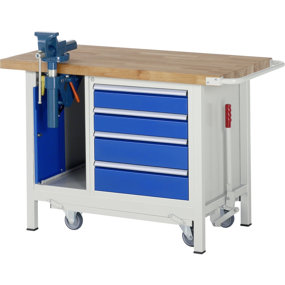 RAU Werkbank Serie 8000 mit absenkbarem Fahrgestell, 2 Container, HxBxT 880 x 1.250 x 700 mm, 4 x 90% Auszugs-Schubladen, Schraubstock