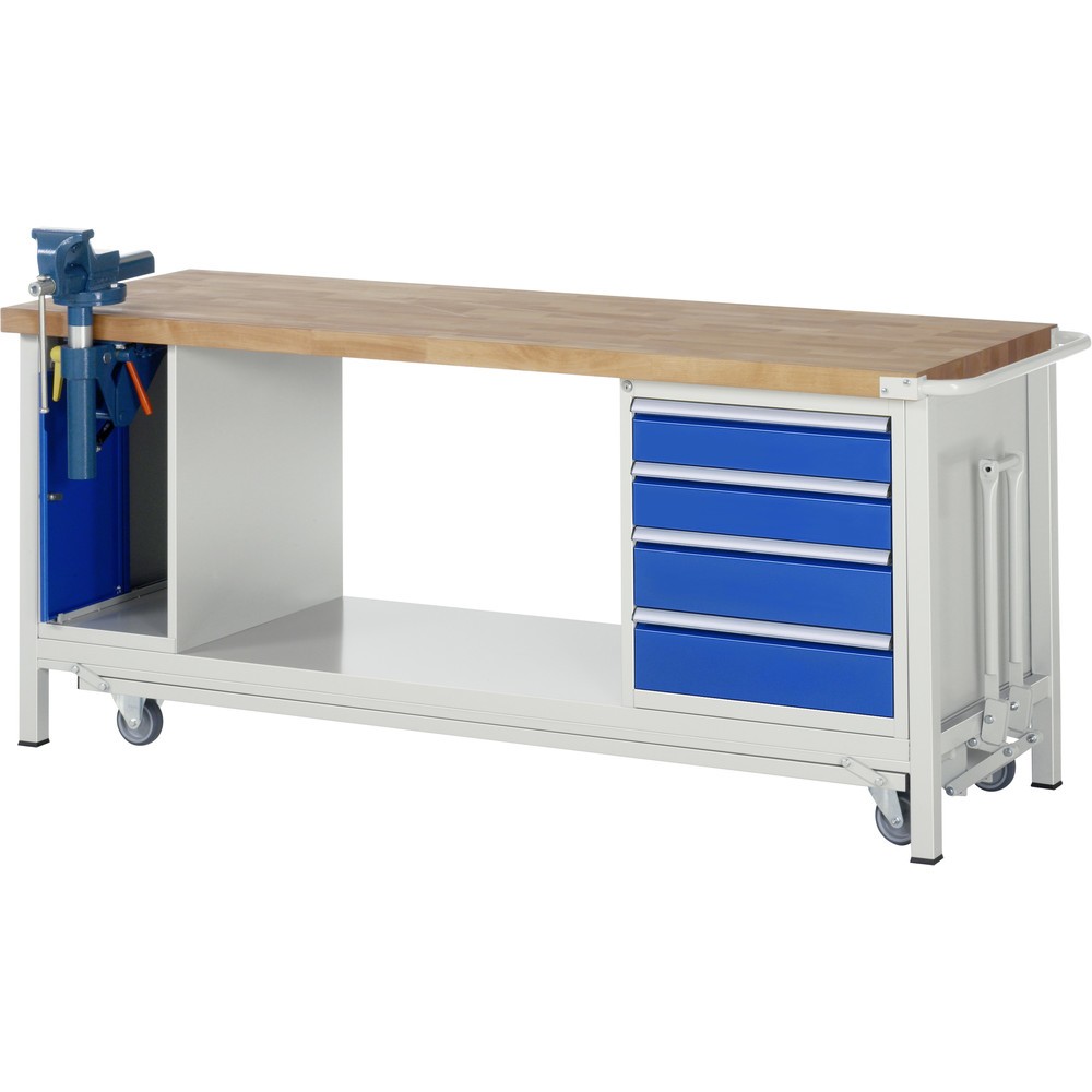 RAU Werkbank Serie 8000 mit absenkbarem Fahrgestell, 2 Container, 1 Ablageboden, HxBxT 880 x 2.000 x 700 mm, 4 x 90% Auszugs-Schubladen, Schraubstock