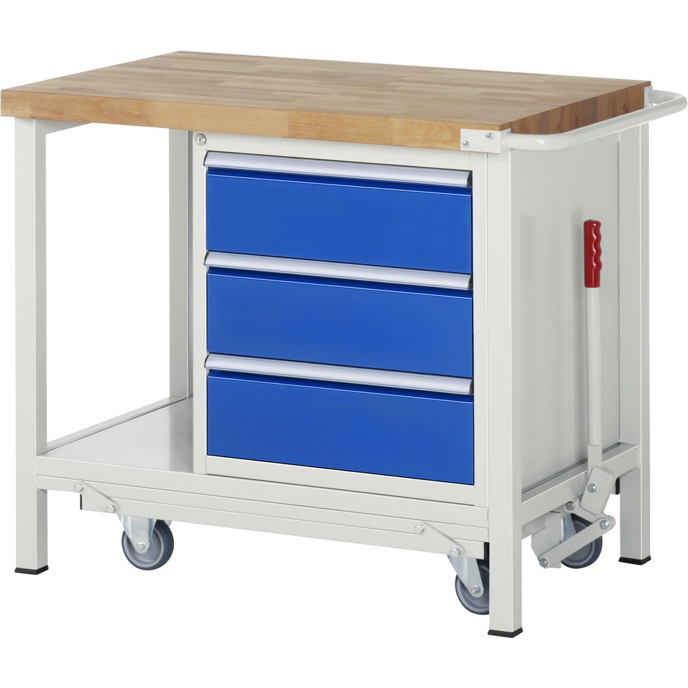 RAU Werkbank Serie 8000 mit absenkbarem Fahrgestell, 1 Container, 1 Ablageboden, HxBxT 880 x 1.000 x 700 mm, 3 x 100%-Auszug-Schubladen, Breite 490 mm, ErgoScript