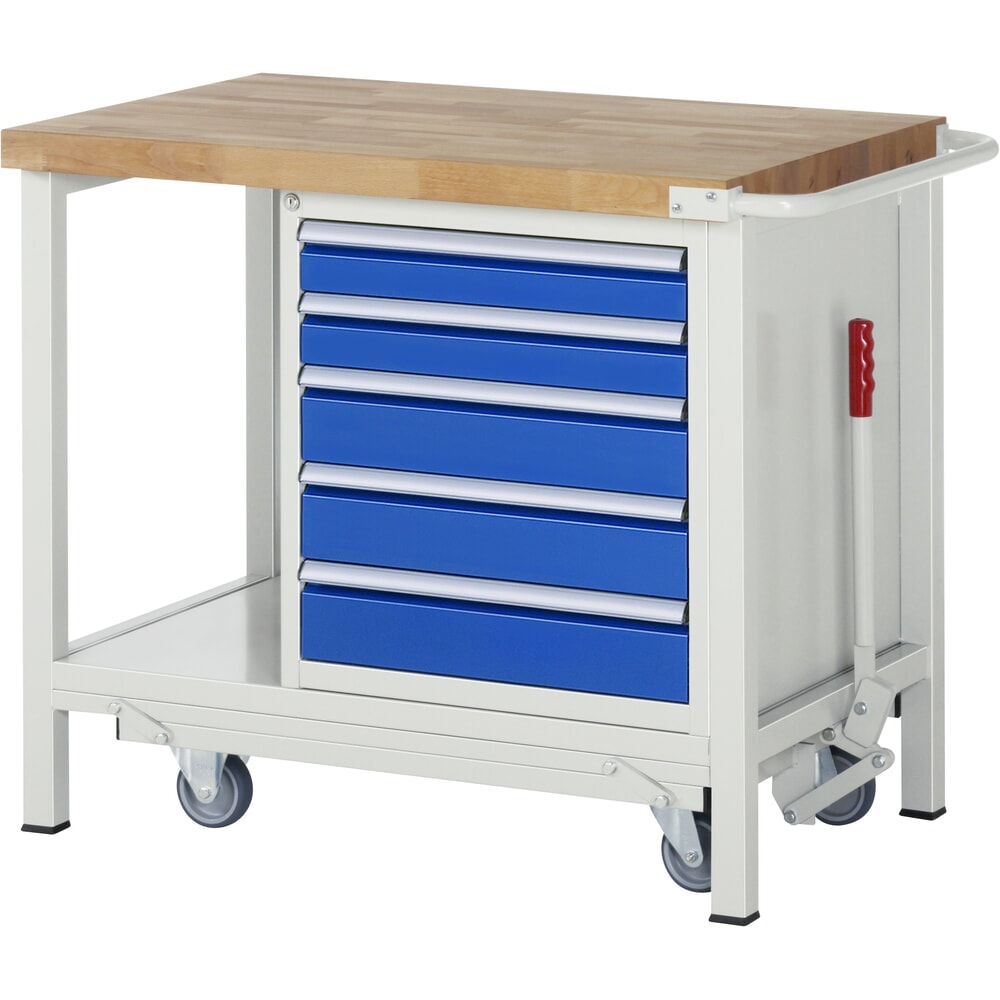 RAU Werkbank Serie 8000 mit absenkbarem Fahrgestell, 1 Container, 1 Ablageboden, HxBxT 880 x 1.000 x 700 mm, 5 x 90%-Auszug-Schubladen, Breite 490 mm