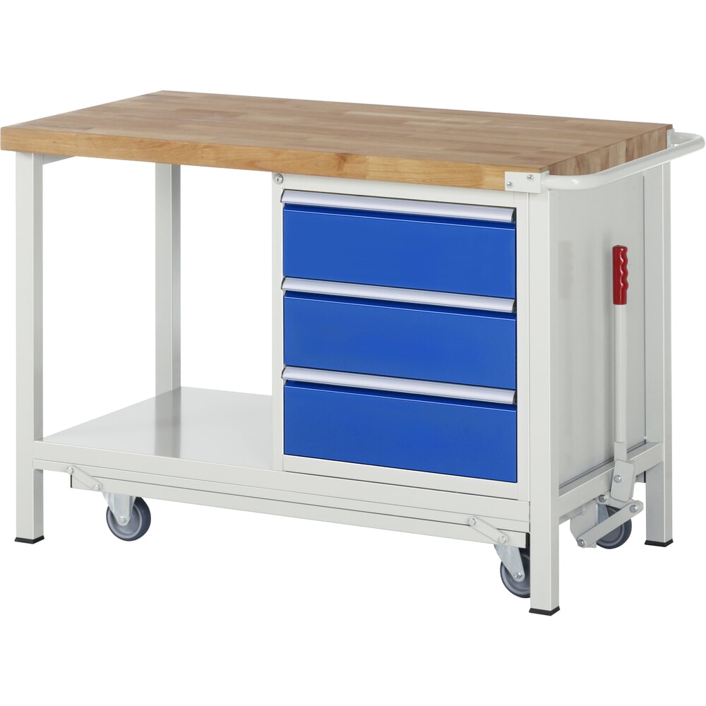 RAU Werkbank Serie 8000 mit absenkbarem Fahrgestell, 1 Container, 1 Ablageboden, HxBxT 880 x 1.250 x 700 mm, 3 x 90%-Auszug-Schubladen, Breite 490 mm, ErgoScript