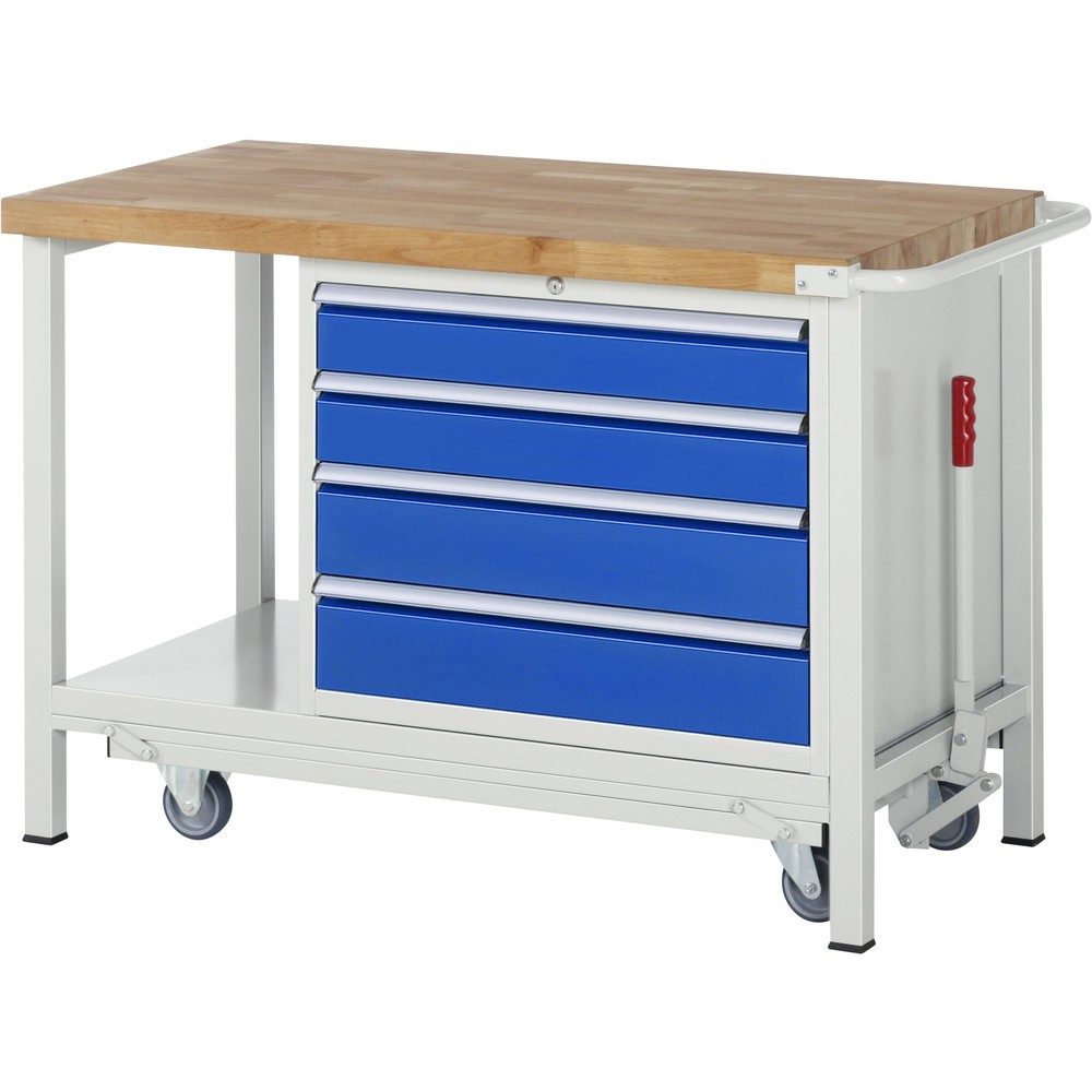 RAU Werkbank Serie 8000 mit absenkbarem Fahrgestell, 1 Container, 1 Ablageboden, HxBxT 880 x 1.250 x 700 mm, 4 x 100%-Auszug-Schubladen, Breite 680 mm