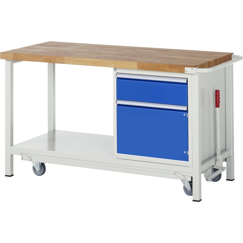 RAU Werkbank Serie 8000 mit absenkbarem Fahrgestell, 1 Container, 1 Ablageboden, HxBxT 880 x 1.500 x 700 mm, 1 x 100%-Auszug-Schubladen, 1 Flügeltür, ErgoScript