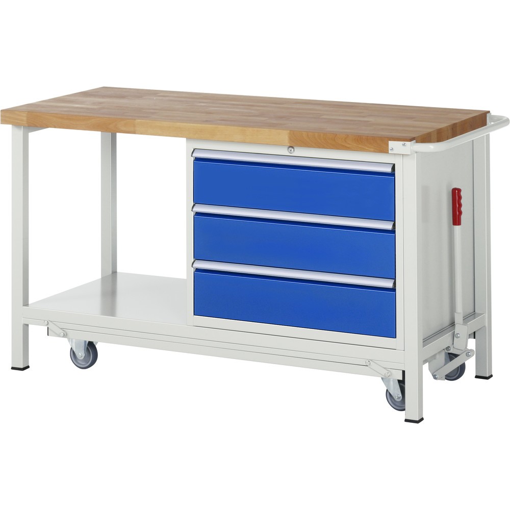 RAU Werkbank Serie 8000 mit absenkbarem Fahrgestell, 1 Container, 1 Ablageboden, HxBxT 880 x 1.500 x 700 mm, 3 x 100%-Auszug-Schubladen, Breite 680 mm, ErgoScript