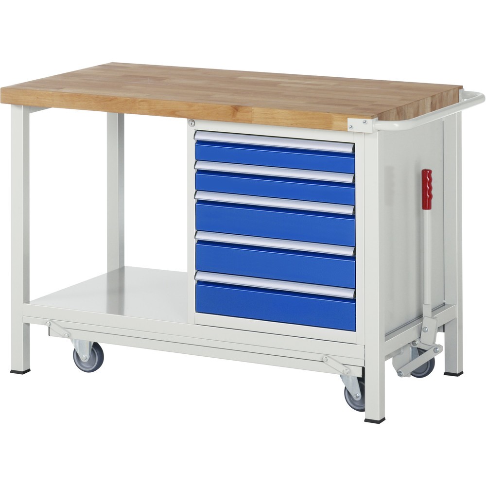 RAU Werkbank Serie 8000 mit absenkbarem Fahrgestell, 1 Container, 1 Ablageboden, HxBxT 880 x 1.250 x 700 mm, 5 x 90%-Auszug-Schubladen, Breite 490 mm