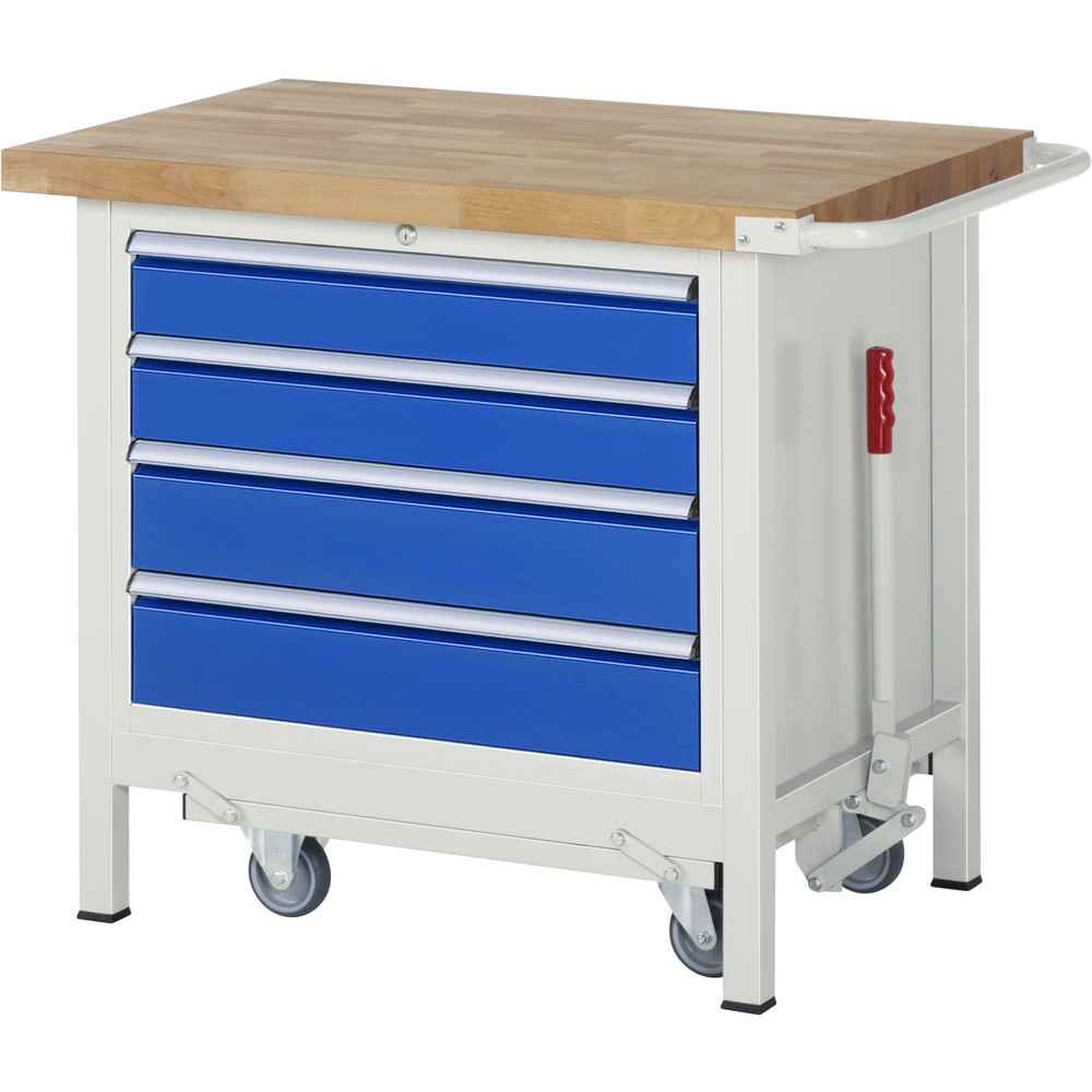 RAU Werkbank Serie 8000 mit absenkbarem Fahrgestell, 1 Container, HxBxT 880 x 1.000 x 700 mm, 4 x 90%-Auszug-Schubladen, Breite 680 mm