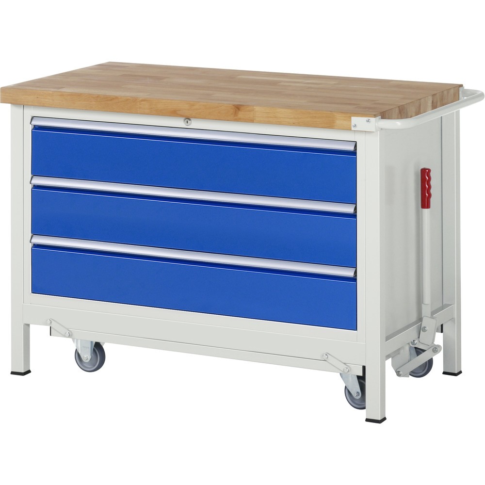 RAU Werkbank Serie 8000 mit absenkbarem Fahrgestell, 1 Container, HxBxT 880 x 1.250 x 700 mm, 3 x 100%-Auszug-Schubladen, Breite 1.055 mm, ErgoScript
