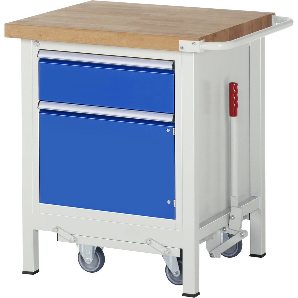 RAU Werkbank Serie 8000 mit absenkbarem Fahrgestell, 1 Container, HxBxT 880 x 750 x 700 mm, 1 x 90%-Auszug-Schubladen, 1 Flügeltür, ErgoScript