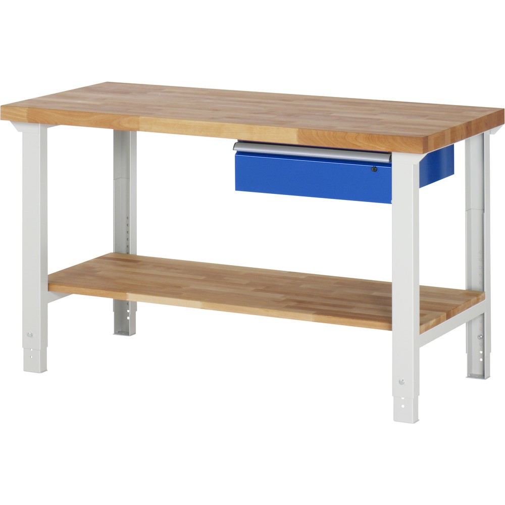RAU Werkbank Serie 7000, HxBxT 790-1.140 x 1.500 x 700 mm, 1 Ablageboden, 1 Schublade, ErgoScript