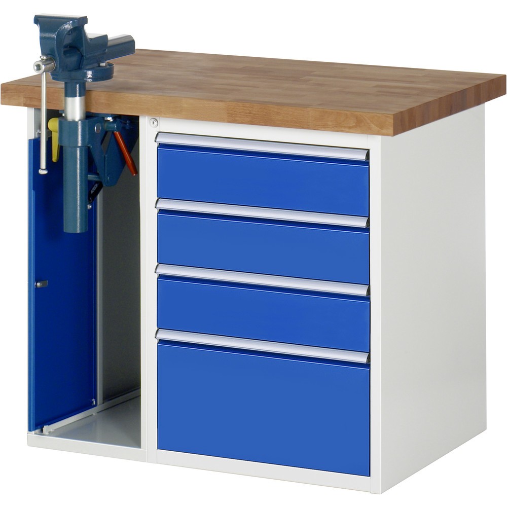 RAU Werkbank Serie 7000, 2 Container, HxBxT 840 x 1.000 x 700 mm, 4 x 90%-Auszug-Schubladen 3 x 150 mm, 1 x 270 mm, Schubladen-TK 100 kg