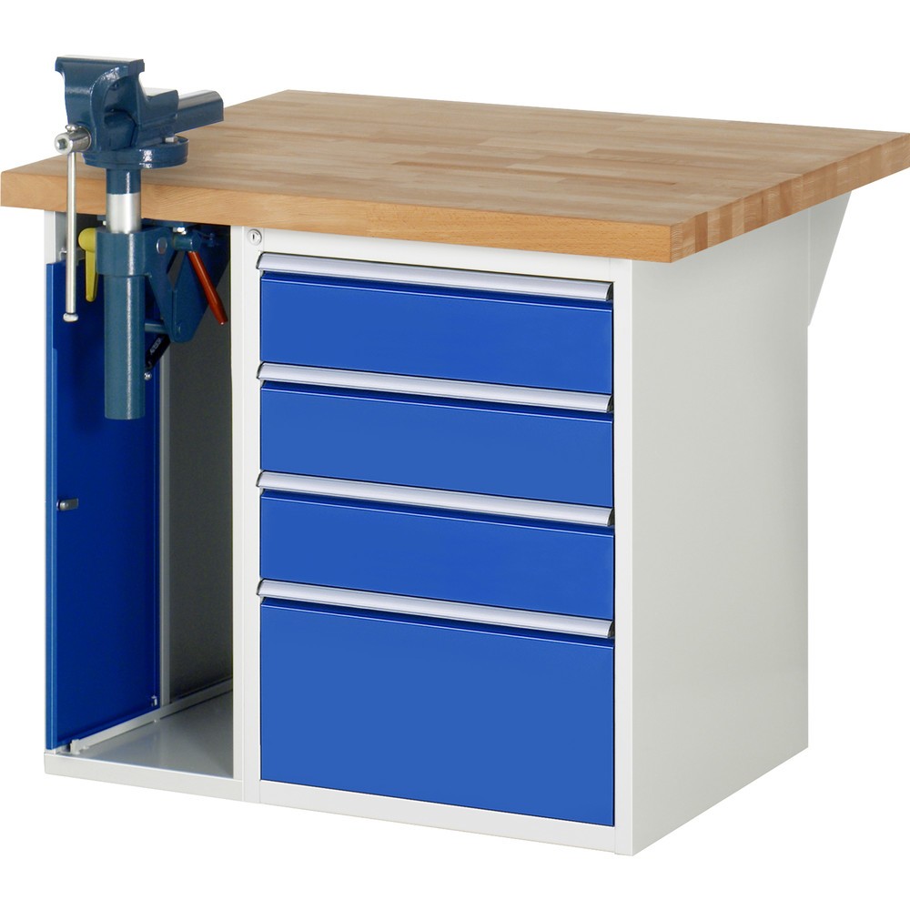 RAU Werkbank Serie 7000, 2 Container, HxBxT 840 x 1.000 x 900 mm, 4 x 100%-Auszug-Schubladen 3 x 150 mm, 1 x 270 mm, Schubladen-TK 100 kg