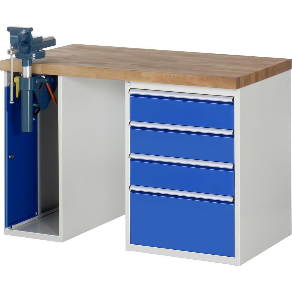 RAU Werkbank Serie 7000, 2 Container, HxBxT 840 x 1.250 x 700 mm, 4 x 90%-Auszug-Schubladen 3 x 150 mm, 1 x 270 mm, Schubladen-TK 100 kg