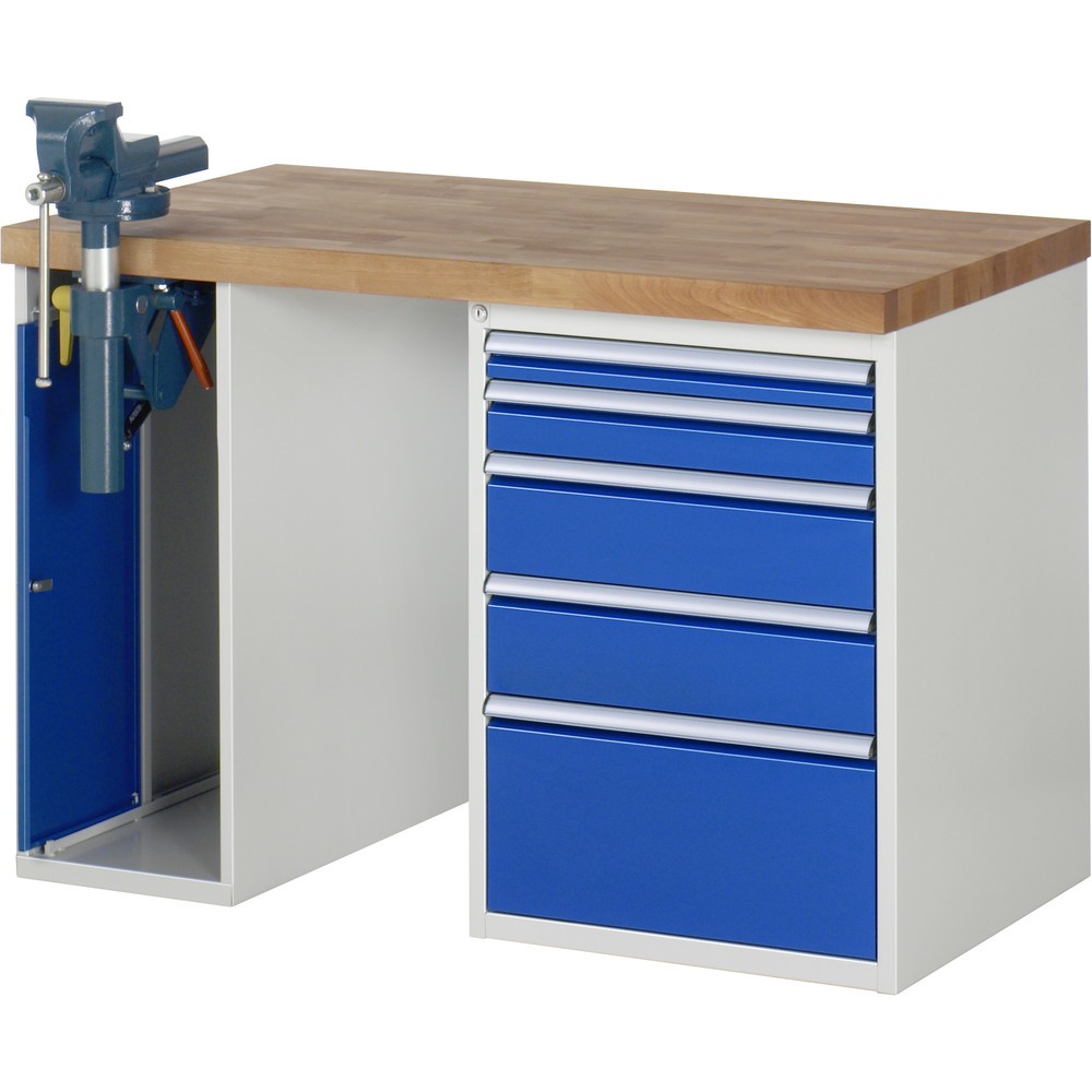 RAU Werkbank Serie 7000, 2 Container, Schraubstock, HxBxT 890 x 1.250 x 700 mm, 5 x 100%-Auszug-Schubladen