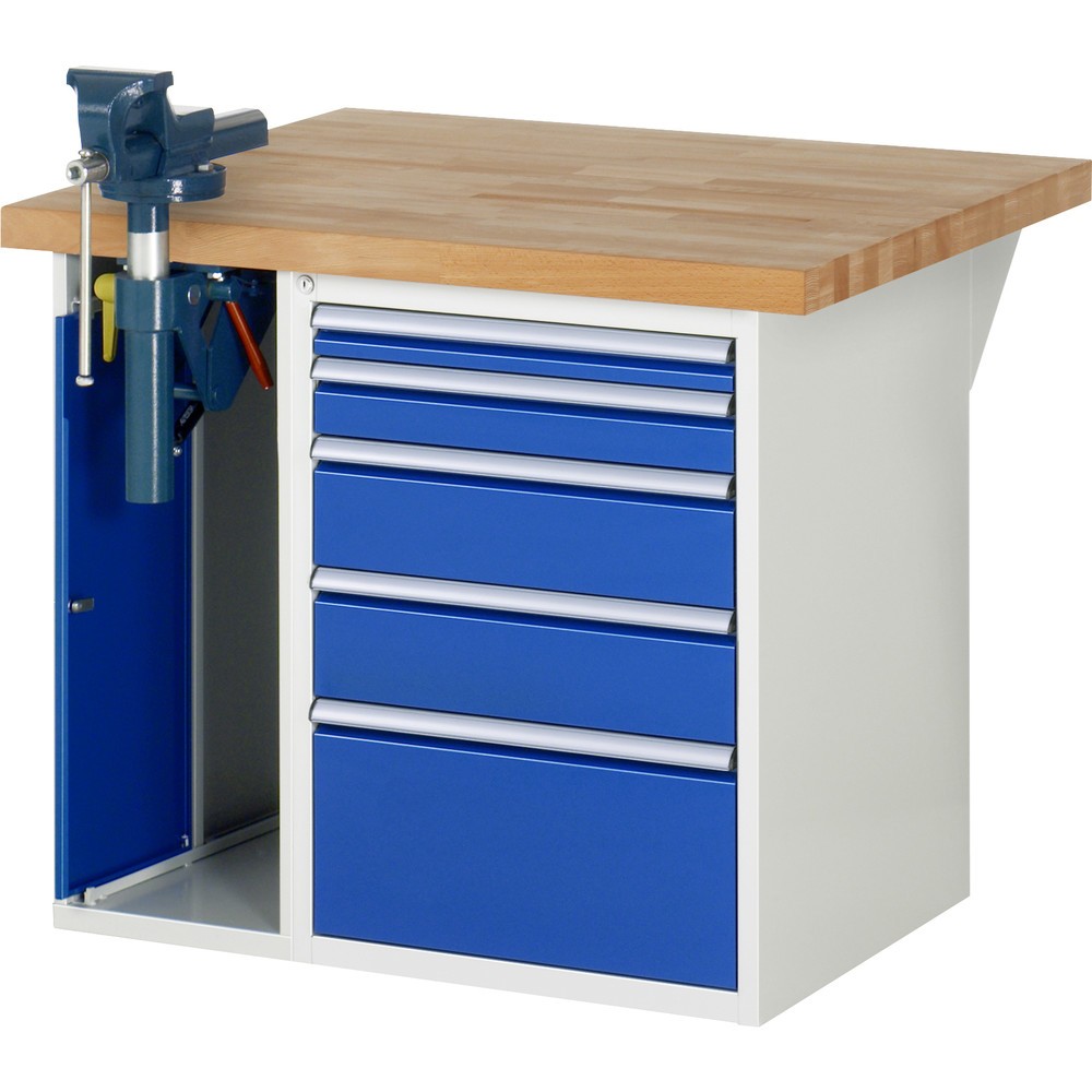 RAU Werkbank Serie 7000, 2 Container, HxBxT 840 x 1.000 x 900 mm, 5 Schubladen 1 x 60 mm, 1 x 90 mm, 2 x 150 mm, 1 x 270 mm