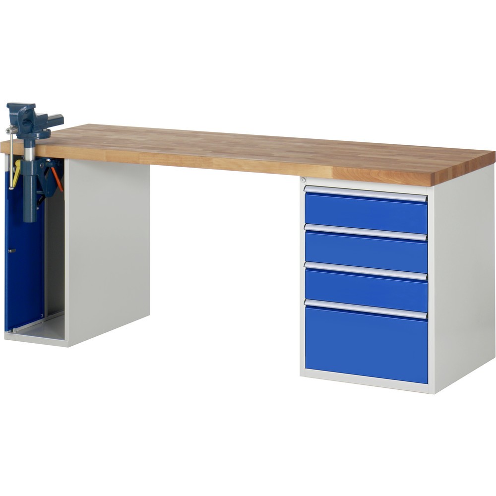 RAU Werkbank Serie 7000, 2 Container, SchraubstockHxBxT 890 x 2.000 x 700 mm, 4 x 90%-Auszug-Schubladen, Schubladen-TK 100 kg